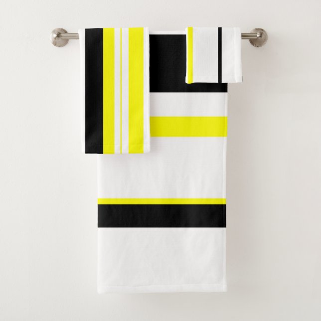 Black yellow white and gray stripes bath towel set (Insitu)