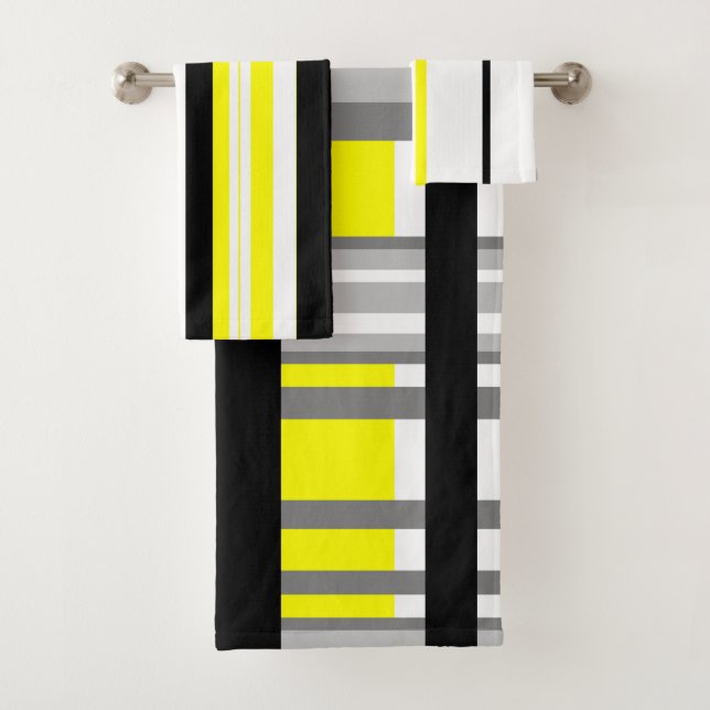 Black yellow white and gray stripes bath towel set (Insitu)