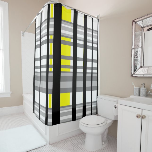 Black yellow white and gray stripes shower curtain (In Situ)