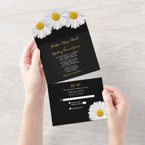 Black Yellow White Daisy Wedding RSVP All In One Invitation