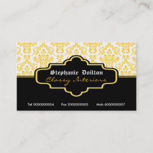Black yellow white damask interiors business cards