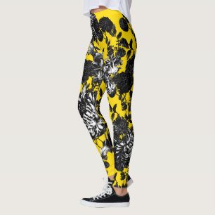 Black Yellow White Floral Toile Flower Garden Leggings