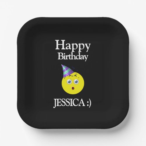 Black Yellow White Happy Birthday Emoji Paper Plates
