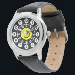 black, yellow & white happy face wrist watch<br><div class="desc">Graphic art watch featuring a simple smilie happy face on a black background. Great for kids learning to tell the time as watch features both minutes and hours clearly.</div>