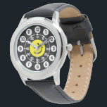 black, yellow & white happy face wrist watch<br><div class="desc">Graphic art watch featuring a simple smilie happy face on a black background. Great for kids learning to tell the time as watch features both minutes and hours clearly.</div>