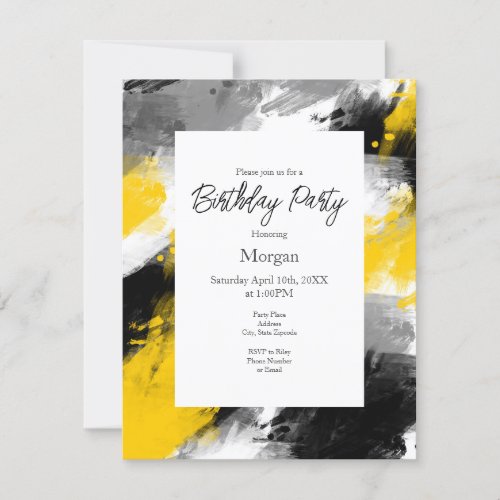 Black Yellow White Modern Abstract Brushstrokes Invitation