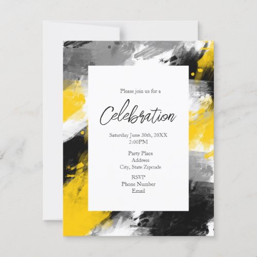 Black Yellow White Modern Abstract Brushstrokes Invitation