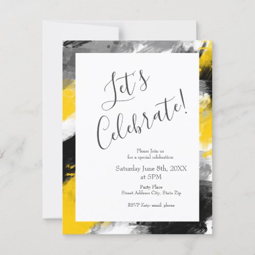 Black Yellow White Modern Abstract Brushstrokes Invitation