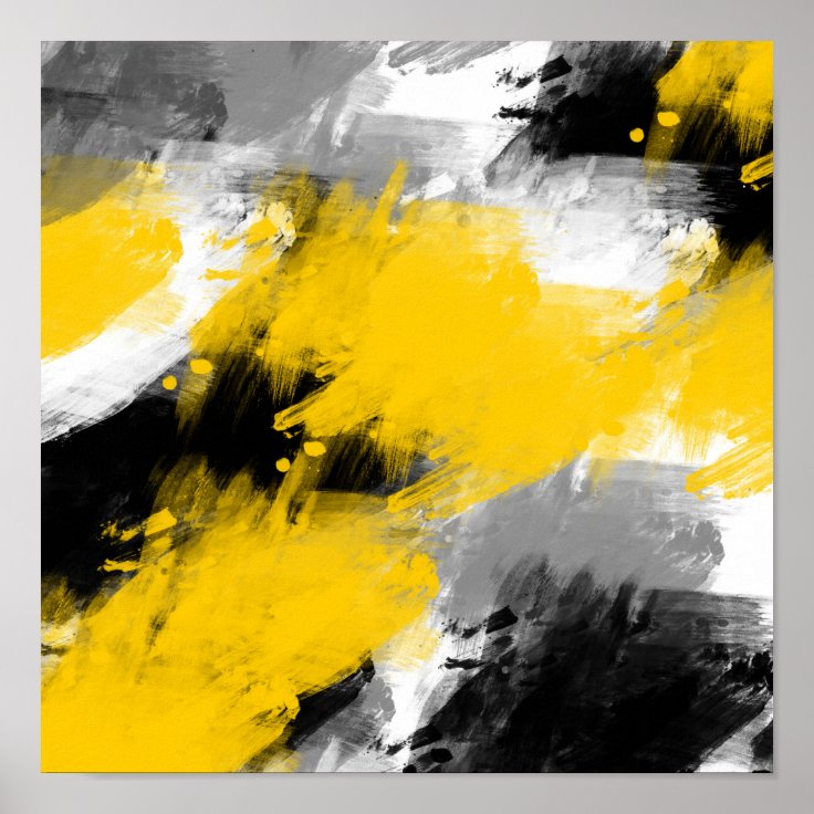 Black Yellow White Modern Abstract Brushstrokes Poster Zazzle
