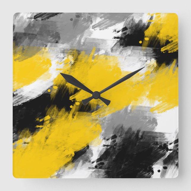 Black Yellow White Modern Abstract Brushstrokes Square Wall Clock (Front)