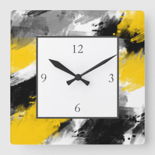 Black Yellow White Modern Abstract Brushstrokes Square Wall Clock