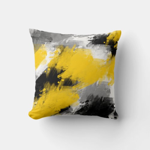 Black Yellow White Modern Abstract Brushstrokes Throw Pillow