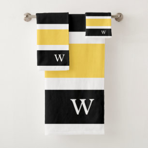 Black Yellow White Monogram Modern Striped Bath Towel Set