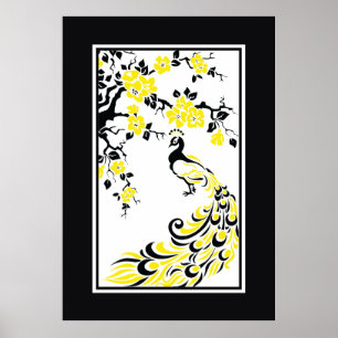 Black, yellow, white peacock and cherry blossoms poster