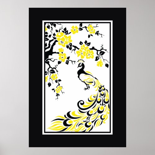 Black yellow white peacock and cherry blossoms poster
