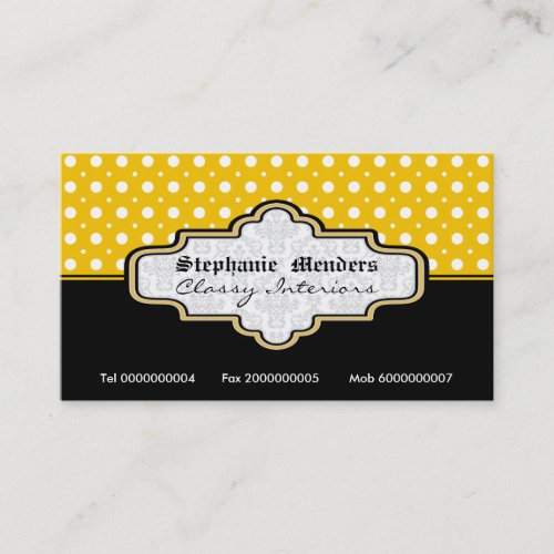 Black yellow white polka dot interiors business card