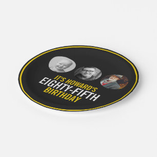 Black yellow white three photos 85th birthday paper plates