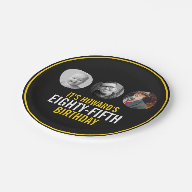 Black yellow white three photos 85th birthday paper plates (Angled)