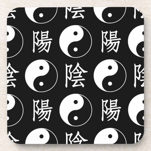 Black Yinyang Symbol Chinese Text Pattern Beverage Coaster (Front)