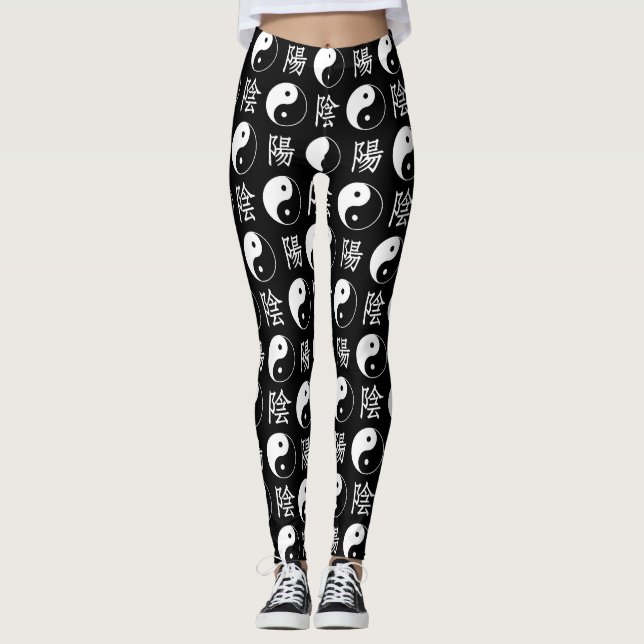 Black Yinyang Symbol Chinese Text Pattern Leggings (Front)
