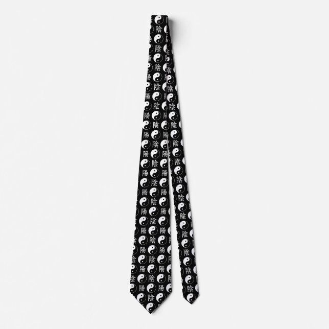 Black Yinyang Symbol Chinese Text Pattern Neck Tie (Front)