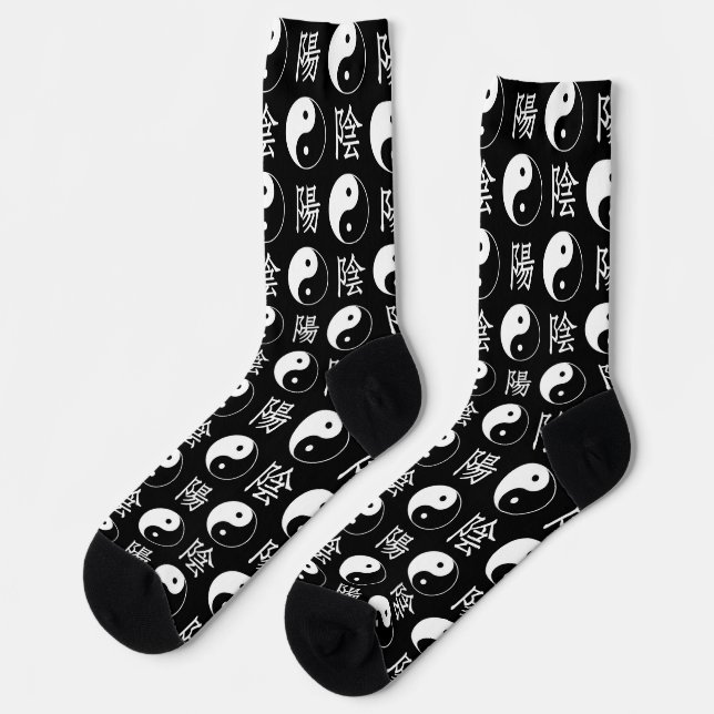 Black Yinyang Symbol Chinese Text Pattern Socks (Left)