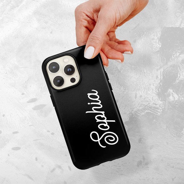 Black | Your Name in Retro Script Case-Mate iPhone Case (A bold, statement making phone case on a dark black background, with your name in retro white script)