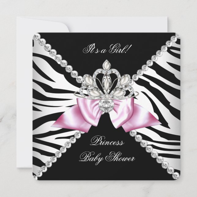 Black Zebra Pink Bow Princess Baby Shower 3 Invitation (Front)