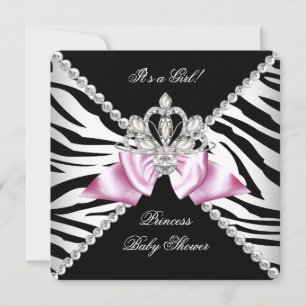 Black Zebra Pink Bow Princess Baby Shower 3 Invitation