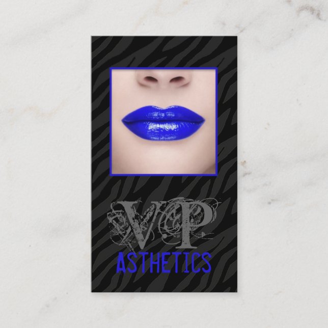 Black Zebra Print Blue Lips Make Up Business Card (Front)