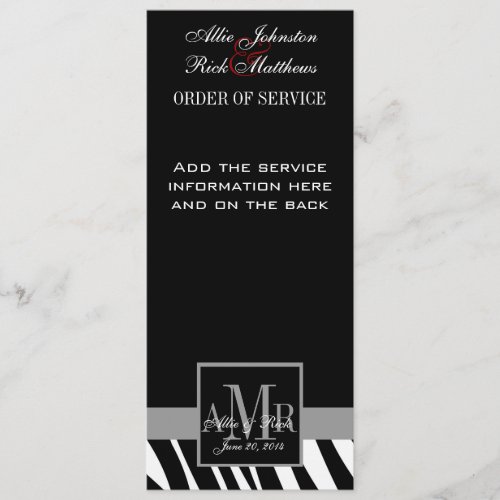 Black Zebra Print Monograms Wedding Program