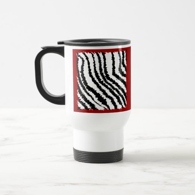 Black Zebra Print Pattern on Deep Red. Travel Mug (Left)