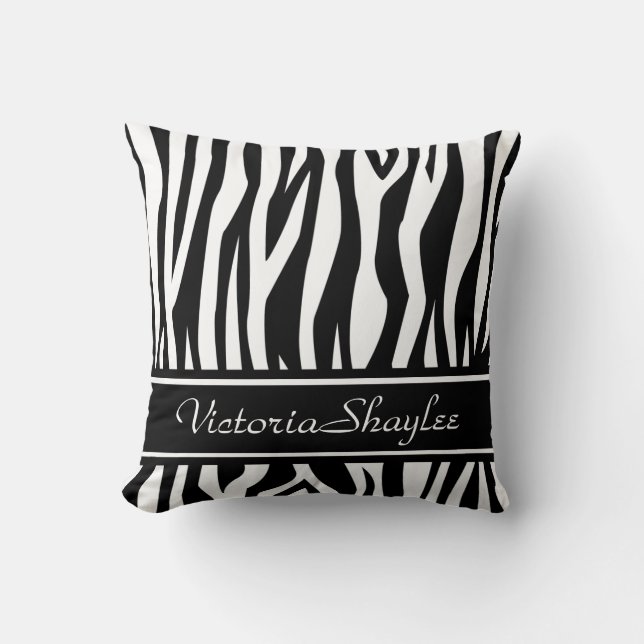 Black Zebra Print with custom text Throw Pillow (Front)