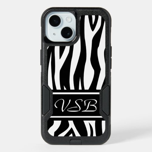 Black Zebra Print with monogram iPhone 15 Case