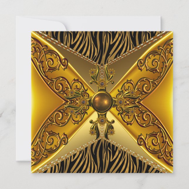 Black Zebra Stripe Floral Gold Jewel 50th Birthday Invitation (Front)