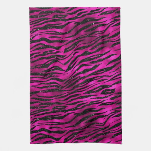 Black Zebra Stripes Animal Print on Hot Pink Kitchen Towel