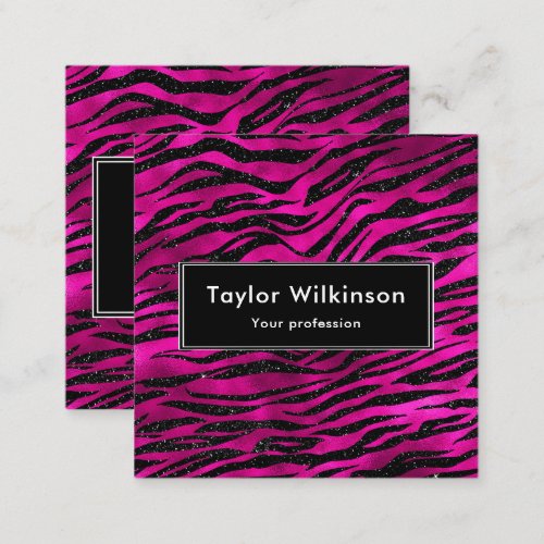 Black Zebra Stripes Animal Print on Hot Pink Square Business Card