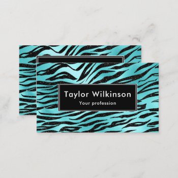 Black Zebra Stripes Animal Print On Turquoise Business Card by KirstyLouiseDesigns at Zazzle