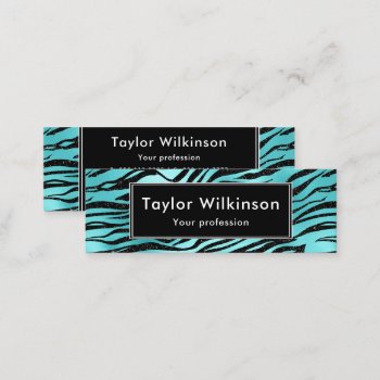 Black Zebra Stripes Animal Print On Turquoise Mini Business Card by KirstyLouiseDesigns at Zazzle