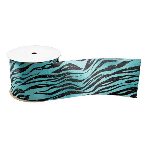 Black Zebra Stripes Animal Print on Turquoise Satin Ribbon