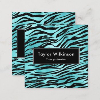 Black Zebra Stripes Animal Print On Turquoise Square Business Card by KirstyLouiseDesigns at Zazzle