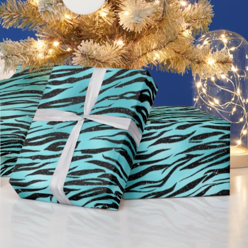 Black Zebra Stripes Animal Print on Turquoise Wrapping Paper