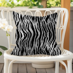 Black Zebra Stripes Animal Print Silver Luxury Outdoor Pillow