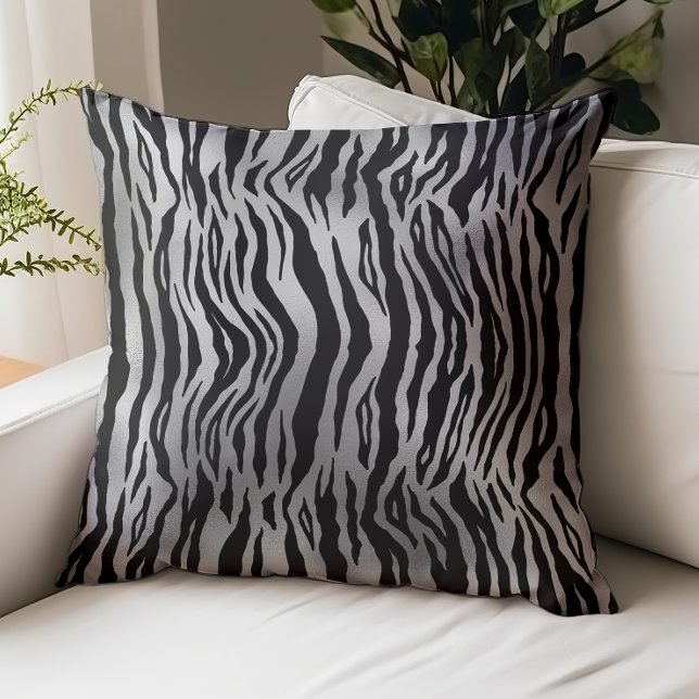 Black Zebra Stripes Animal Print Silver Luxury Throw Pillow (Creator Uploaded)