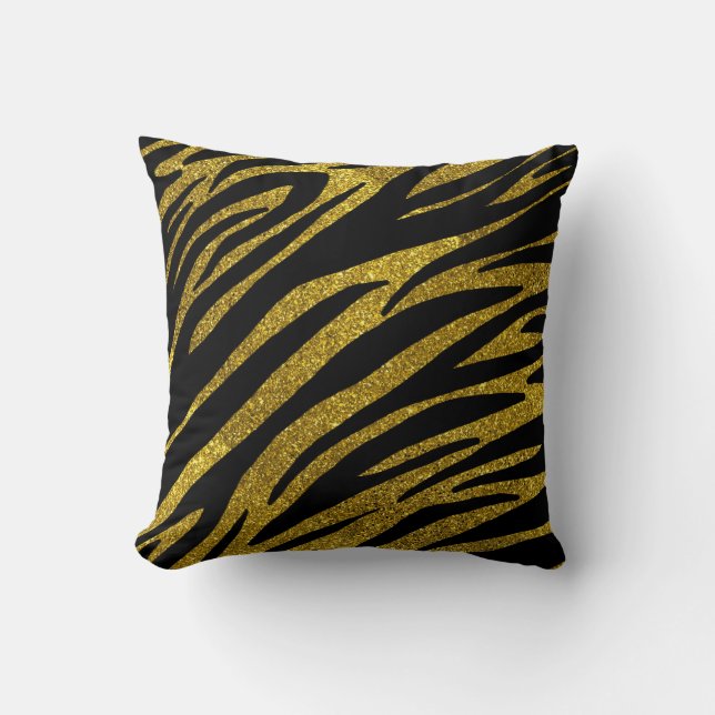 Black Zebra Stripes & Faux Gold Glitter Throw Pillow (Front)