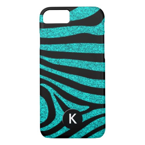 Black Zebra Stripes Monogram Teal Glitter iPhone 87 Case