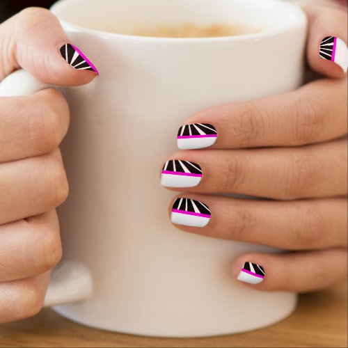 Black Zebra Stripes on White with Pink Stripe Minx Nail Art