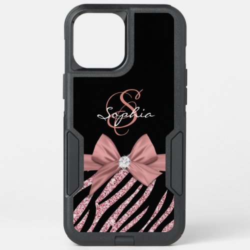 Black Zebra Stripes Rose Gold Glitter Bow Monogram OtterBox Commuter iPhone 12 Pro Max Case