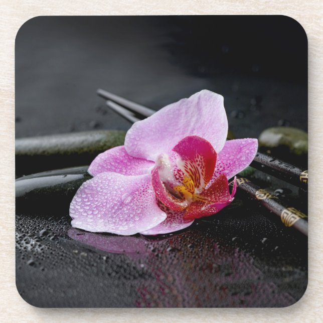 Black zen orchid drink coaster (Front)