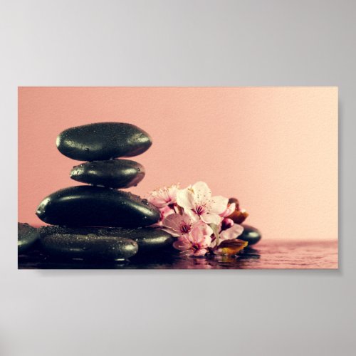 Black Zen Stones Flowers Poster